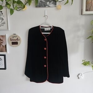 Vintage 80's Velour JS Collections Coat With Jewel Red Buttons & Trim